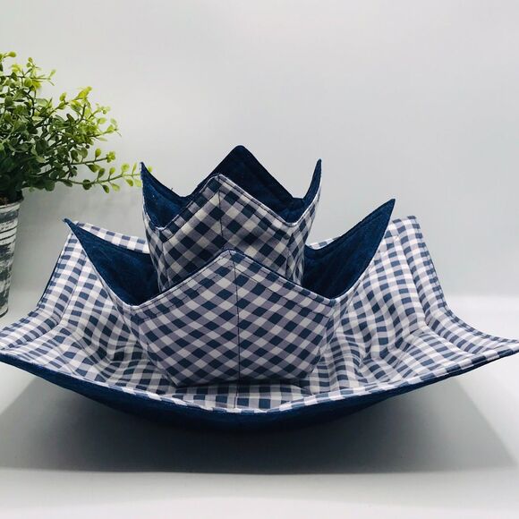 3 Piece Set of Microwave Cozies, Reversible Navy Blue Gingham, Plate, Bowl, Pint - Picture 10 of 10